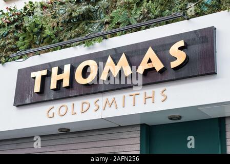Derry, N. Ireland -Dec 15, 2019: The sign outside Thomas Goldsmiths in Derry, Northern Ireland Stock Photo