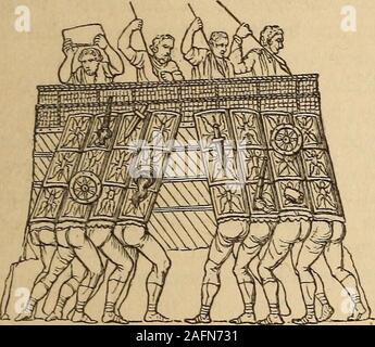 . The illustrated companion to the Latin dictionary and Greek lexicon; forming a glossary of all the words representing visible objects connected with the arts, manufactures, and every-day life of the Greeks and Romans, with representations of nearly two thousand objects from the antique. wood-cut, from a bas-relief on thearch of Septimius Severus. 4. A shed which soldiers formedover head with their shields to pro-tect themselves from the missiles ofthe enemy, more especially whilstthey advanced up to the walls of a. fortified place, in order to scale them.(Cajs. B. G. ii. 6. Tac. Hist iii. 27 Stock Photo