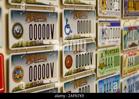 A few of the many different varieties of license plates offered in the State of Montana, Department of Motor Vehicles, Helena, Montana, USA. Stock Photo