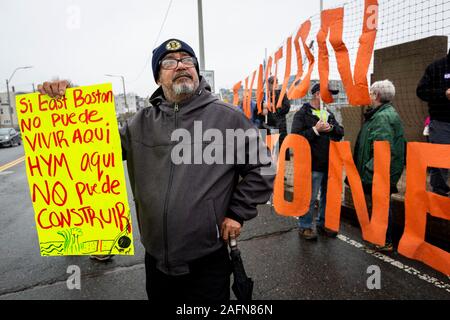 Dec. 14, 2019. East Boston, MA.  City Life/Vida Urbana led a rally and march to demand that 50% of the residential units built at the proposed develop Stock Photo