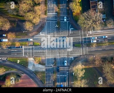 aerial photo, road intersection, road marking, traffic volume, Gladbeck, Ruhr area, North Rhine-Westphalia, Germany, greenery, trees, DE, Europe, form Stock Photo