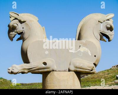 Beautiful Huma bird statues in Persepolis captured in Shiraz, Iran Stock Photo