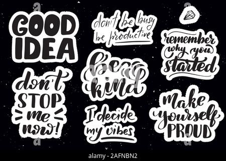 Stickers with hand drawn typography lettering inscriptions. Stock Vector