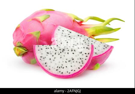 Isolated dragonfruit. White fleshed pitahaya pieces isolated on white background with clipping path Stock Photo