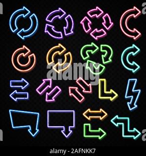 Neon lights arrows vector set isolated on black background. Color shining retro light pointer sign collection. Dark night bar design direction symbol Stock Vector