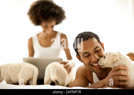 Man plays with puppies while girlfriend looks at a laptop screen. Stock Photo