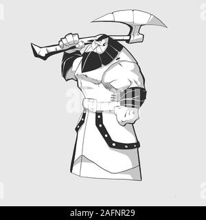 Vector illustration of a male cartoon fantasy warrior holding a giant war axe Stock Vector