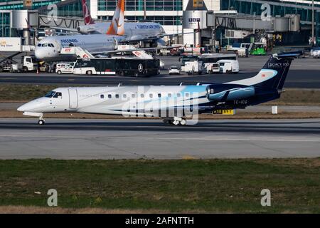 Istanbul / Turkey - March 28, 2019: Embraer ERJ-135 TC-ICG business jet departure at Istanbul Ataturk Airport Stock Photo