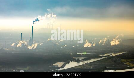 aerial photo, Chemiepark Marl in backlight with smoke clouds, Marl, Ruhr area, North Rhine-Westphalia, Germany, DE, Europe, backlight, aerial photo, a Stock Photo