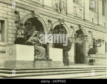 . Rand, McNally Boston guide to the city and environs, with maps and illustrations ... Public Library RAND McNALLY BOSTON GUIDE 53. Entrance to Public Library satisfactory in design. The architects were McKim, Mead& White. The building is 225 feet long by 227 feet deep andsurrounds a central court. On the Copley Sq. side is theinscription: The Public Library of the City of Boston,Built by the People and Dedicated to the Advancement ofLearning. The corner stone was laid in 1888, and thebuilding was opened to the public in 1895. Its cost, includingland, was $2,500,000. The figures representing S Stock Photo