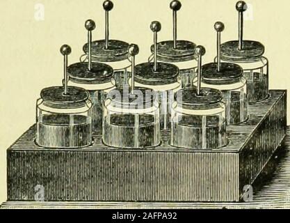 . Practical electricity in medicine and surgery. Figs. 12 and 13.—Leyden Jars. tial which can be maintained between the outside and insideof the jar; it is also limited by the leakage which takes placebetween the inside and outside tin-foil over the surface of theglass. Glass, though usually an insulator, conducts fairly wellin damp weather, when the electro-motive force is very great. When we have to employ very high electro-motive forces,we join a number of Leyden jars together by connecting the Stock Photo