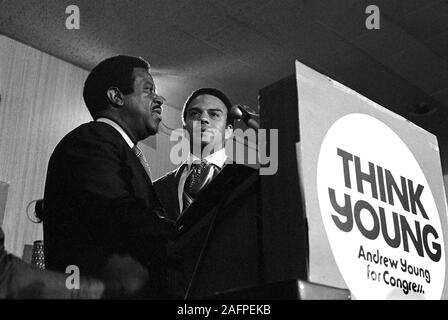 Andrew Young sheds a tear as he concedes defeat in his first run for the Georgia 5th District Congressional race on election night 1970. Young's longtime friend and fellow lieutenant to Martin Luther King, Jr. - Ralph David Abernathy stands at Young's side. - To license this image, click on the shopping cart below - Stock Photo
