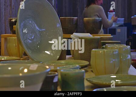 Bowls and cups at the Ottawa Potters Guild annual Holiday Sale, Horticulture Building, Lansdowne Park, Ottawa, Ontario, Canada. Stock Photo