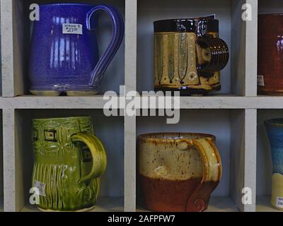 Beautiful cups and mugs on display at the Ottawa Potters Guild annual Holiday Sale, Horticulture Building, Lansdowne Park, Ottawa, Ontario, Canada. Stock Photo