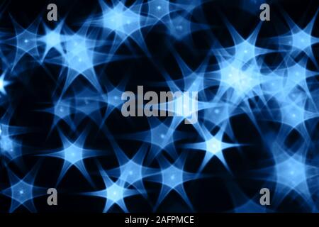 Splash of blue lighting stars with rays on black background. Stock Photo