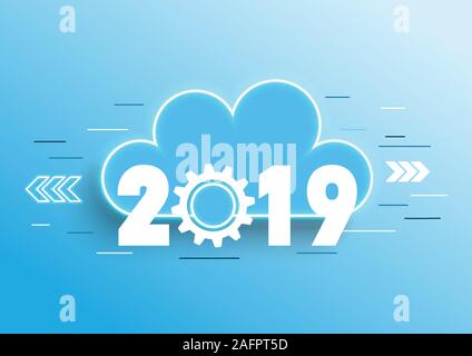 Infographic concept 2019 year. Hot trends, prospects in cloud computing services and technologies, big data storage, communication. Stock Vector