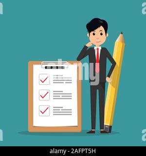 Businessman and pencil at big complete checklist with tick marks. Business organization and achievements of goals vector concept. Check list with tick Stock Vector