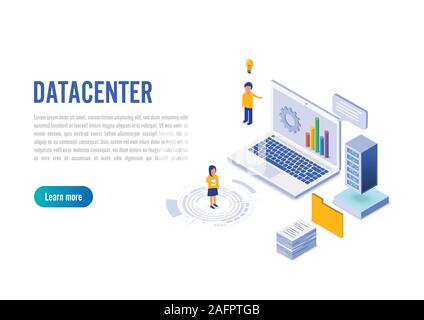 Internet datacenter connection, administrator of web hosting concept. Character and text for services. Technology center hardware software database. Stock Vector