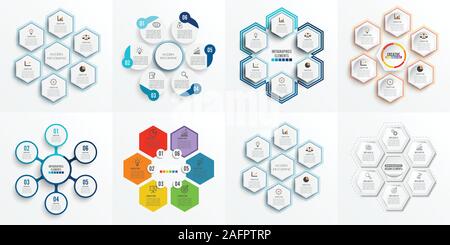 Set vector infographic template with 3D paper label, integrated circles. Business concept set with 6 options. For content, diagram, flowchart, steps. Stock Vector