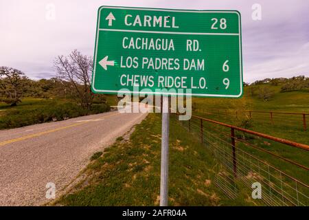 APRIL 8, 2019, CENTRAL COAST, CALIFORNIA, USA - Road sign to Carmel California Stock Photo