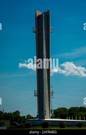 MAY 16 2019, Wood River, IL. USA - Lewis and Clark Confluence Tower overlooks confluence of Missouri and Mississippi River, Illinois outside of St. Louis, Mo. Stock Photo