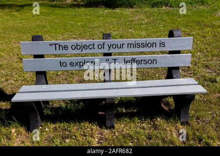 MAY 20, FORT MANDAN, NORTH DAKOTA, USA - Thomas Jeffersion quote on bench about 'mission to explore' - Fort Mandan, North Dakota re: Lewis and Clark Expedition Stock Photo