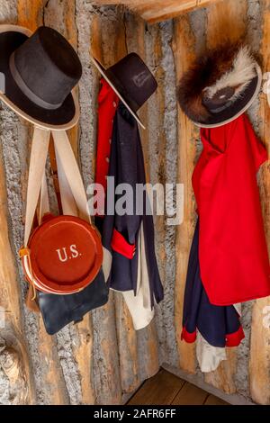 MAY 20, FORT MANDAN, NORTH DAKOTA, USA - Interior of Historic Fort Mandan, North Dakota with uniforms - wintering location for Lewis and Clark 1804-1805 Stock Photo