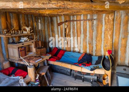 MAY 20, FORT MANDAN, NORTH DAKOTA, USA - Interior of Historic Fort Mandan, North Dakota with uniforms - wintering location for Lewis and Clark 1804-1805 Stock Photo