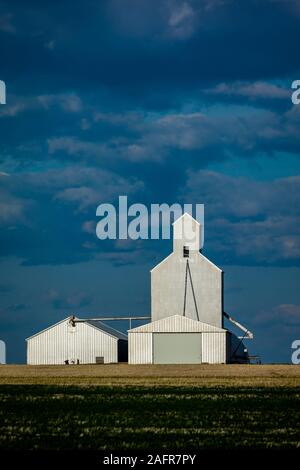 MAY 22,  2019, GREAT FALLS, MONTANA, USA - Grain Silo at sunset on road to Great Falls Montana Stock Photo