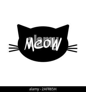 black face cat icon and text meow in the middle and white