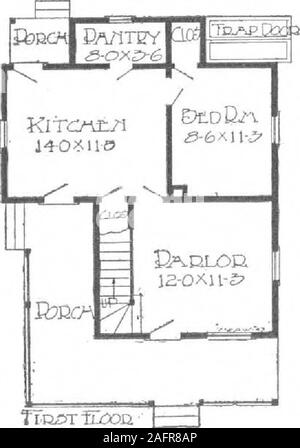 . A plan book of Harris homes. that our price, quality of materialconsidered, will be by far the lowest. The first floor, you will note, has a parlor and akitchen, big enough to be used for a dining room and kitchen. A good sized bedroom,containing a large closet connects with the kitchen. There is a very inviting porcharound the entire front and side of the house, back to the kitchen, with an entrance there. The upper plan of this house shows three good sized bedrooms, eachcontaining a spacious closet, and all entrances located conveniently to the stairhall, whichmeans a saving of many steps, Stock Photo