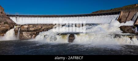 MAY 23, 2019, GREAT FALLS, MT., USA - The Great Falls of the Missouri River in Great Falls and Ryan Dam, Montana and hydroelectric plant Stock Photo