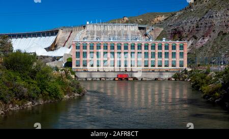 MAY 23, 2019, GREAT FALLS, MT., USA - The Great Falls of the Missouri River in Great Falls, Montana and hydroelectric plant and Ryan Dam Stock Photo