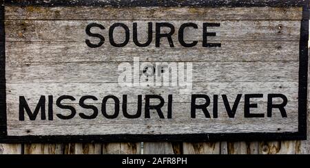 MAY 23, 2019, GREAT FALLS, MONTANA USA -Sign reading 'Source of the Missouri River', Three Forks, Montana Stock Photo