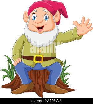 Cartoon happy dwarf sitting on tree stump Stock Vector
