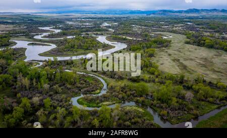 MAY 23 2019, USA - THREE FORKS, MT - Missouri River Breaks National Monument, the source of the Missouri River, comprised of Jefferson, Madison and Gallatin Rivers Stock Photo