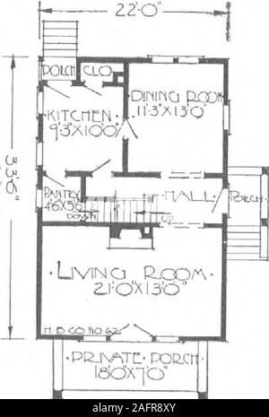 . A plan book of Harris homes. ngroom. The cheer of the room by night or on gloomy days can be well imagined in notingthe centrally located fireplace. Nothing that might add to cheer and comfort has beenoverlooked in this room, 21 x 13. Every possible means of saving steps has been taken into consideration.This is shown in the direct connection of the dining room and kitchen by the swingingdoor and again in the door leading from the kitchen, to the passage, making a direct passageto the stairs. There are four bedrooms on the second floor, with bathroom. All of the bedrooms are of ample size an Stock Photo