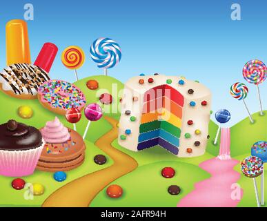 Fantasy candyland with dessrts and sweets Stock Vector