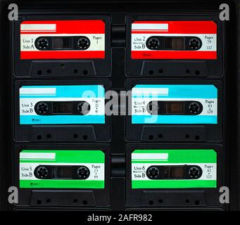 Vintage compact cassette tape, Close up set of old audio tapes Stock Photo