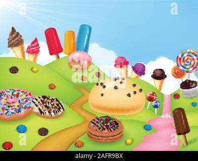 Sweet candyland with cupcake, ice cream, donut, and lollipop Stock Vector