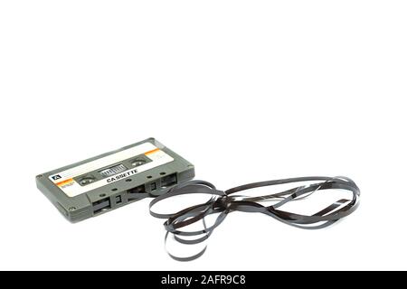 Vintage compact cassette tape on white background, Close up set of old audio tapes, Retro Stock Photo