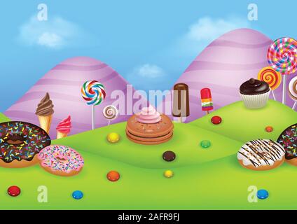 Fantasy candyland with dessrts and sweets Stock Vector