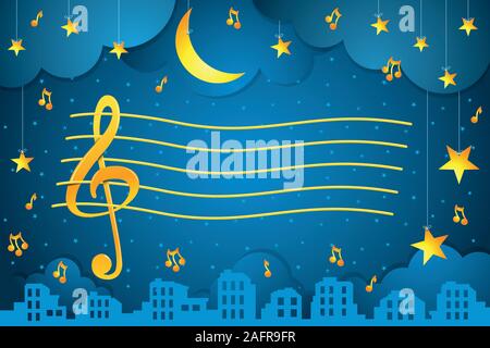 Drawing of golden pentagram with treble clef and musical notes floating in a starry sky with golden stars hanging on white threads and city silhouette Stock Vector