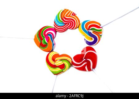 Sweets candies heart shape color full on white background, Set candy of color rainbow lollipops, Gift for Valentine day Love concept Stock Photo