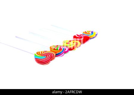 Sweets candies heart shape color full on white background, Set candy of color rainbow lollipops, Gift for Valentine day Love concept Stock Photo