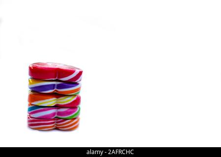 Sweets candies heart shape color full on white background, Set candy of color rainbow lollipops, Gift for Valentine day Love concept Stock Photo
