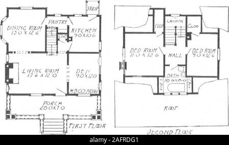 . A plan book of Harris homes. Largeliving room with den adjoining. The dining room is of ample size;between the dining room and kitchen the pantry is convenientlylocated. The stairway arrangement is very attractive. At the startthere is an archway; the stairway runs to a landing well lighted by apair of leaded casement sash. An abundance of windows and leadedcasement sash are provided for, which permit more than enoughlight and perfect ventilation. On the second floor we have the twoA view of living room fromdining room large bedrooms, a large closet ineach, the ceilings showing no cut-off, t Stock Photo