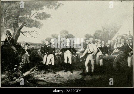. Rand, McNally Washington guide to the city and environs. LLY WASHINGTON GUIDE 155 The first is Signing the Declaration of Independence inthe Old Hall in Philadelphia in 1776, the arrangement of thegroup of figures having been made as Jefferson, Franklin, andothers of the fathers described it to him. The presidingofficer is John Hancock. The Surrender of Burgoyne atSaratoga to General Gates is from sketches made by Trum-bull on the spot, October 17, 1777. The artist was also presentat the Surrender of Lord Cornwallis at Yorktown, por-trayed in the third painting, where the British are marchin Stock Photo