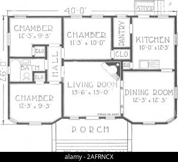 . A plan book of Harris homes. nd the economy with which it can be finished. Consideredfrom a standpoint of construction, the plans clearly show simplicity and common sense—all the merits of economy of a square house—no freakish projections. The interior, asindicated by the floor plan, is arranged for all that is best in convenience to the housewifeand comfort to the family.Such a design as this is splen-didly adapted to a variety ofpleasing arrangements. It has a living room,dining room, kitchen, pantry,three bedrooms and a bath-room on one floor, and is inevery way a complete andmodern home. Stock Photo