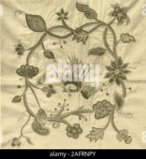 . Decorative textiles; an illustrated book on coverings for furniture, walls and floors, including damasks, brocades and velvets, tapestries, laces, embroideries, chintzes, cretones, drapery and furniture trimmings, wall papers, carpets and rugs, tooled and illuminated leathers. Plate IX—linglish crewel wurk of tlie seventeenth eentiiry. Ilate  l.nf;lisli ciisliioM cover in crenels [??.inhroidcrcd in coloured worsteds on H.d Iwiil iiroiuid Modern rc])roductioii I II EMEKOIUERIES embroidery is mostly in gold, the drajieries being executed in basketweave and laid stitches. The faces are in whit Stock Photo